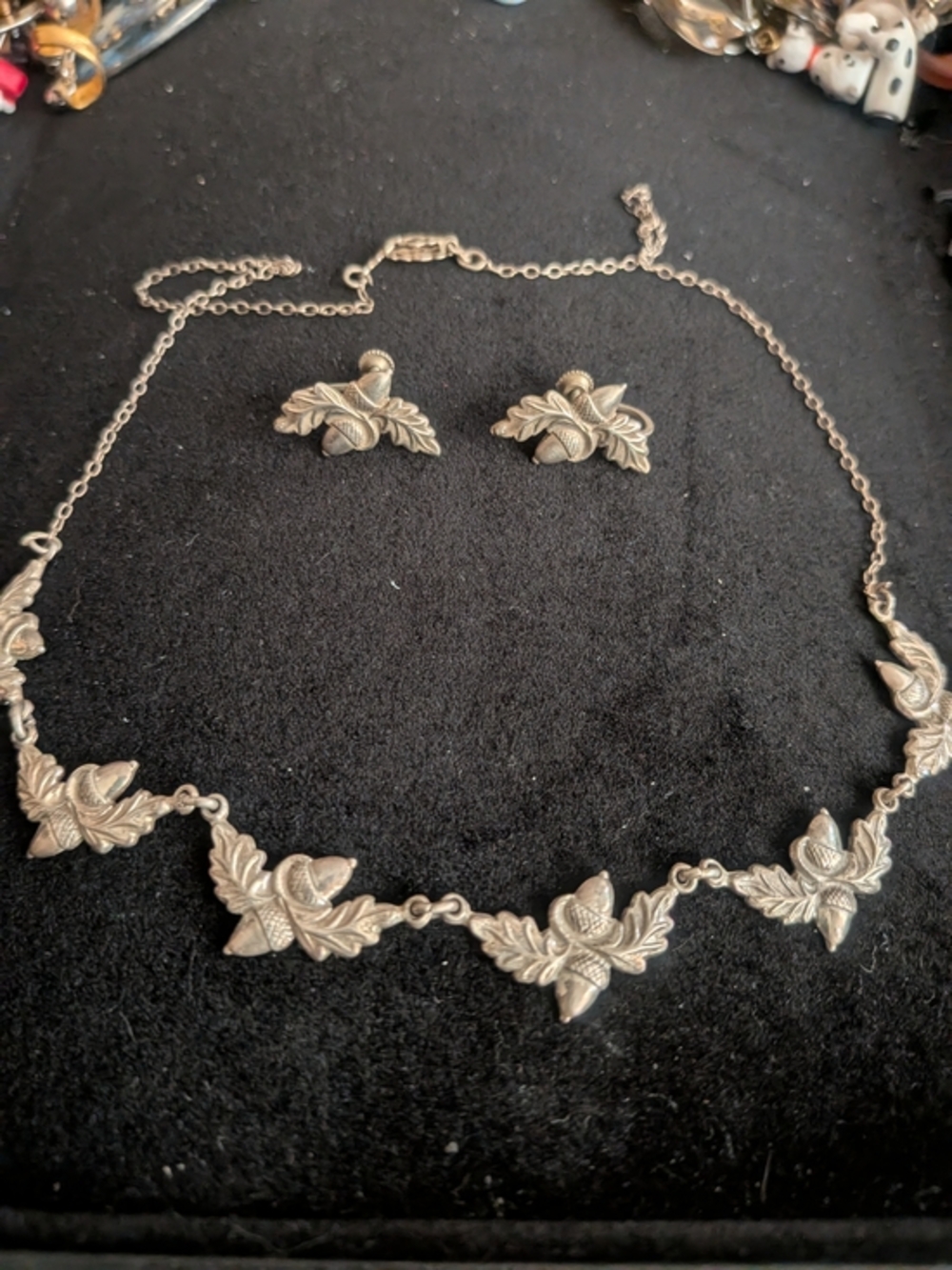 Vintage Danecraft Sterling Silver Acorn Necklace Earrings Set Art Nouveau